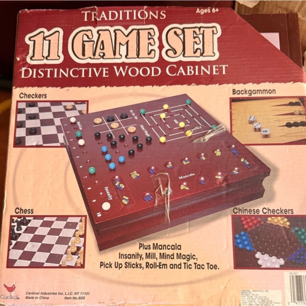 TRADITIONS 11-Game Set with Distinctive Wood Cabinet - Red and Brown